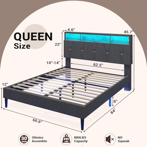 Modern Queen Bed Frame with Storage and LED Lights