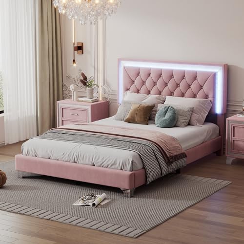 Modern Velvet Full Size Bed Frame with LED