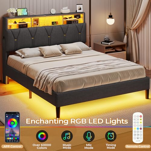 Modern Queen Bed Frame with Storage and LED Lights