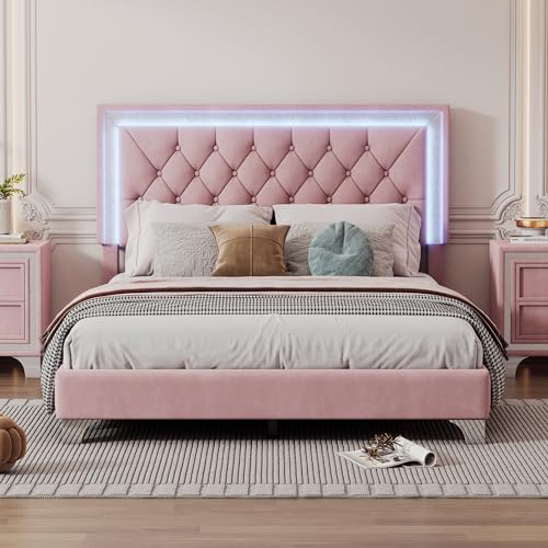 Modern Velvet Full Size Bed Frame with LED
