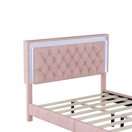 Modern Velvet Full Size Bed Frame with LED