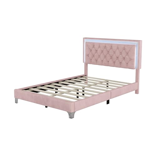 Modern Velvet Full Size Bed Frame with LED