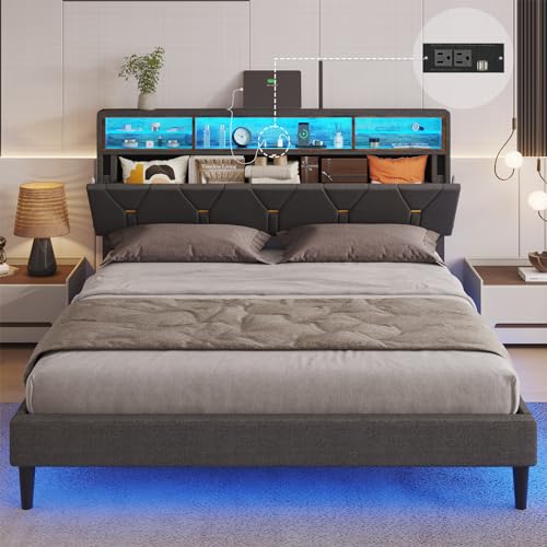 Modern Queen Bed Frame with Storage and LED Lights