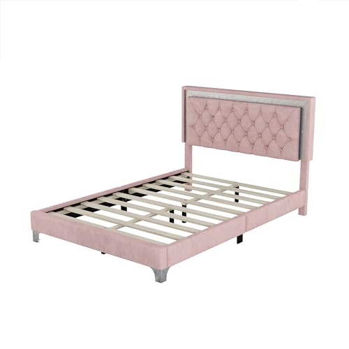 Modern Velvet Full Size Bed Frame with LED
