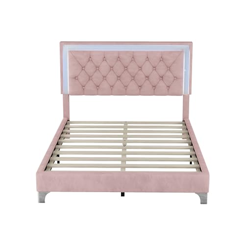 Modern Velvet Full Size Bed Frame with LED