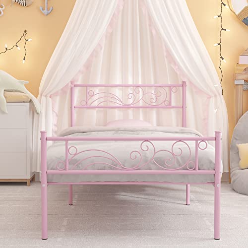 Weehom Twin Metal Bed Frame with Storage - Pink