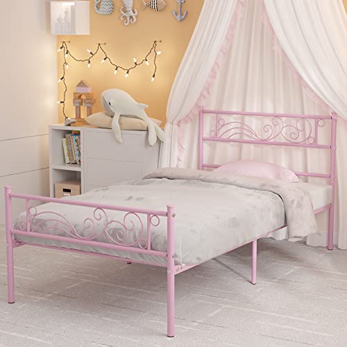 Weehom Twin Metal Bed Frame with Storage - Pink