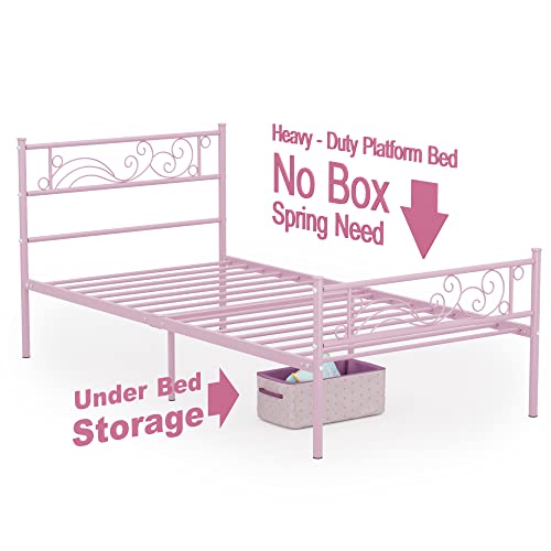 Weehom Twin Metal Bed Frame with Storage - Pink