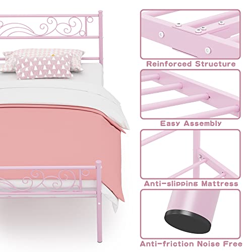 Weehom Twin Metal Bed Frame with Storage - Pink