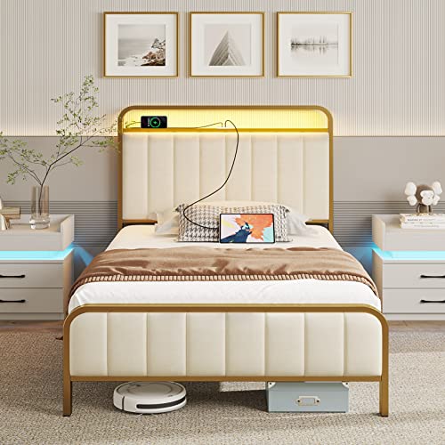 Rolanstar Twin Bed Frame with LED Light & Charge