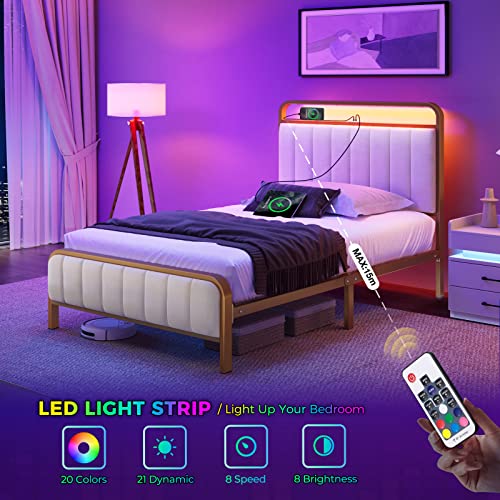 Rolanstar Twin Bed Frame with LED Light & Charge