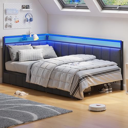 Modern Twin Corner Bed Frame with LED & Storage