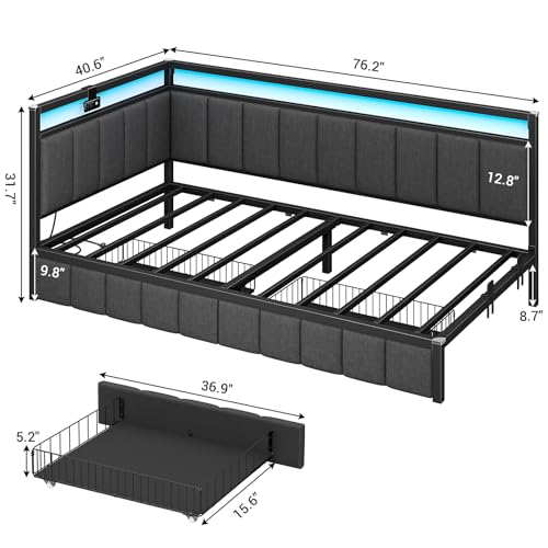 Modern Twin Corner Bed Frame with LED & Storage