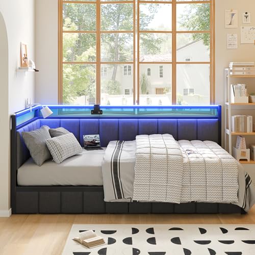 Modern Twin Corner Bed Frame with LED & Storage