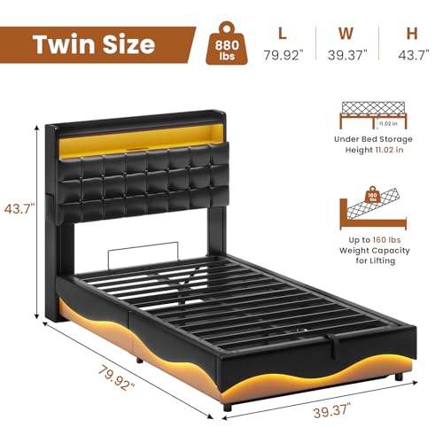 Lift Up Storage Twin Bed Frame with Charging Station