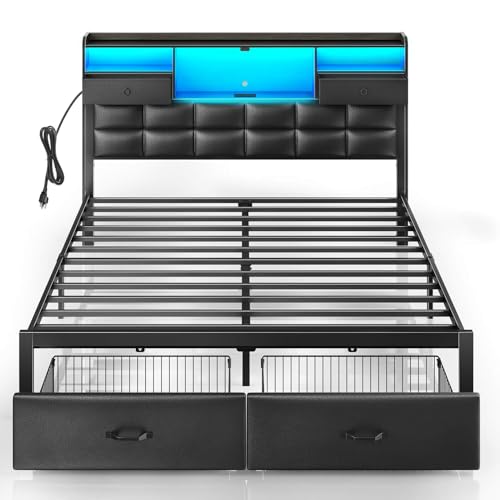 Queen Upholstered Bed Frame with Storage & LED