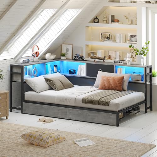 Modern Twin Corner Bed Frame with LED Lighting