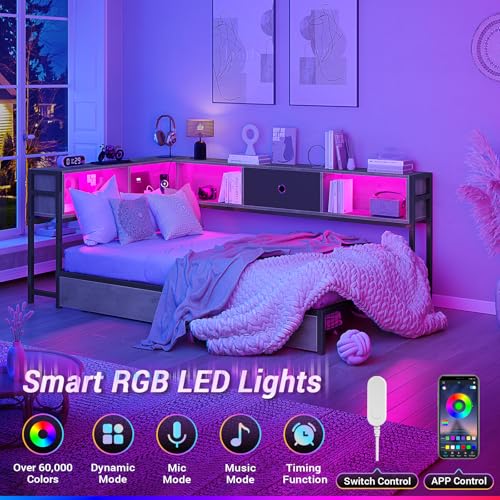 Modern Twin Corner Bed Frame with LED Lighting