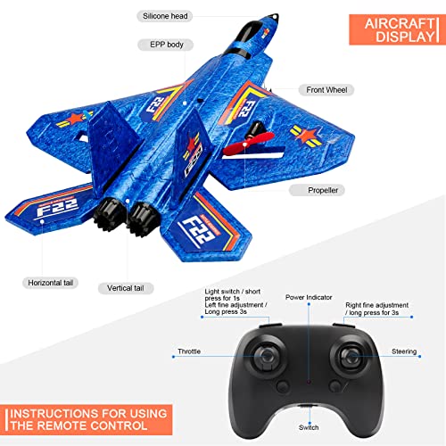 ANTSIR Remote Control Plane RTF F-22 Raptor, 2.4Ghz 6-axis Gyro RC Airplane with Light Strip, Jet Fighter Toy Gift for Kids Beginner (Blue)