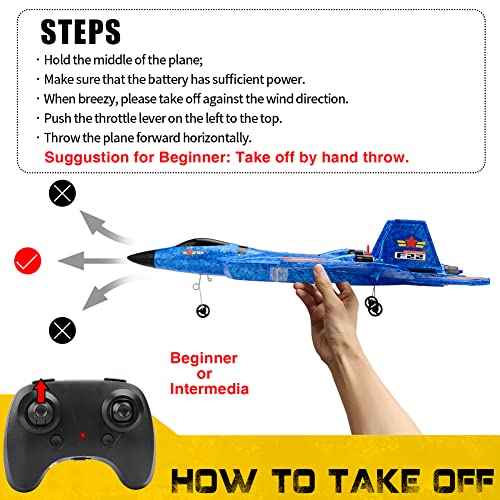 ANTSIR Remote Control Plane RTF F-22 Raptor, 2.4Ghz 6-axis Gyro RC Airplane with Light Strip, Jet Fighter Toy Gift for Kids Beginner (Blue)