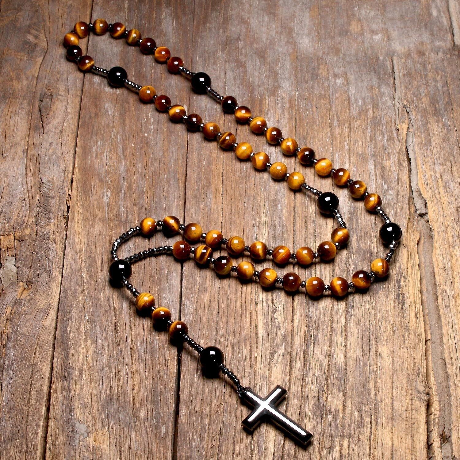 Tiger's Eye Rosary Beads with Hematite Cross Pendant