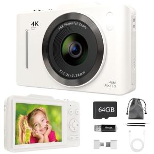 Digital Camera with 64GB SD Card, 4K Digital Compact Cameras - 2.8'' Large Screen, 16X Digital Zoom, Autofocus, Anti Shake, Rechargeable Mini Vlogging Camera for Kids Beginners Students (White)