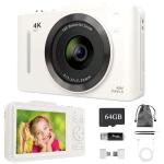 Digital Camera with 64GB SD Card, 4K Digital Compact Cameras - 2.8'' Large Screen, 16X Digital Zoom, Autofocus, Anti Shake, Rechargeable Mini Vlogging Camera for Kids Beginners Students (White)