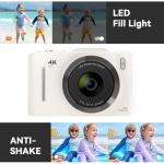 Digital Camera with 64GB SD Card, 4K Digital Compact Cameras - 2.8'' Large Screen, 16X Digital Zoom, Autofocus, Anti Shake, Rechargeable Mini Vlogging Camera for Kids Beginners Students (White)