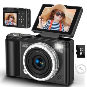 Digital camera, 4K 64MP Compact Digital Camera with Autofocus and Macro Function, 180° flip-up screen portable selfie cameras for photography and video with 32GB SD Card for Beginners Teens
