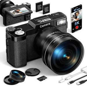 Digital Camera, 5K 64MP Cameras for Photography with WiFi, 64GB Card, Autofocus, Adjustable flashlight, 18X Zoom 180°Flip Screen Compact Travel Vlogging Camera for Youtube Beginners, Wide & Macro Lens