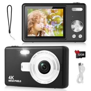 Digital Camera - 1080P FHD 44MP with 2.4" LCD Screen Compact Portable Vlogging Photo Camera with 32gb SD Card 16X Digital Zoom for Kids Teen Students Beginner (Upgrade Black)
