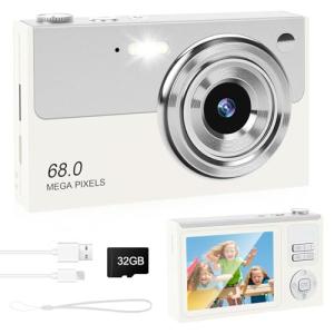 Digital Camera - 68MP Autofocus with 2.8" LCD Screen 16X Digital Zoom Anti-Shake Photography Vlogging Compact Photo Camera with 32gb SD Card for Kids Students Beginners Teens (White+Silver)