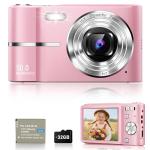 EJXHKNF Digital Camera, 1080P FHD Vlogging Camera 50MP Compact Portable Photo Camera with 2.4" Screen, 16X Digital Zoom Mini Small Pocket Camera for Kids Students with 1 Battery, 32GB Card (Pink)