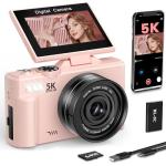 LONGYI Digital Camera 5K 75MP Cameras for Photography Vlogging with WIFI, 64GB Card, 18X Zoom,3.0" LCD 180° Flip Screen Compact Photo Camera for Travel Youtube Beginners Adults（Pink）