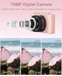 LONGYI Digital Camera 5K 75MP Cameras for Photography Vlogging with WIFI, 64GB Card, 18X Zoom,3.0" LCD 180° Flip Screen Compact Photo Camera for Travel Youtube Beginners Adults（Pink）