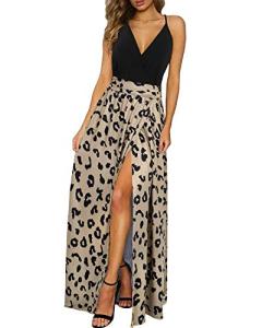 Newshows Women's Summer V Neck Spaghetti Strap Sleeveless Casual Split Long Maxi Wedding Guest Dress(Leopard 01,Medium)