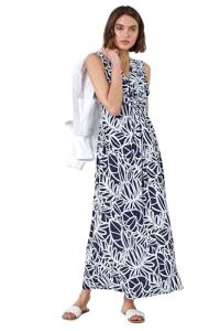 Roman Originals Maxi Dress for Women UK Ladies Twist Knot Front Floral Summer Party Casual Holiday Bohemian Boho Beach Evening Long Floor Length Sleeveless V Neck - Navy & White - Size 18
