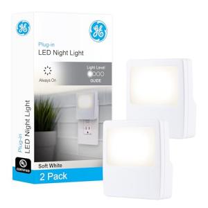GE White Always-On LED Night Light, Plug into Wall, Compact, Soft Glow, UL-Listed, Ideal for Bedroom, Nursery, Bathroom, Hallway, 11311, 2 Pack