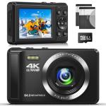 Jhamal 4K 64MP Digital Camera - Autofocus UHD Compact Camera - Rechargeable Vlogging Camera with 32GB Card & 2 Batteries, Portable Mini Camera with 16X Digital Zoom for Kids Beginners Teenagers