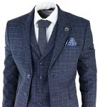 Mens Tweed 3 Piece Suit Blue Check Vintage 1920s Gatsby Blinders Tailored Fit - Blue 40