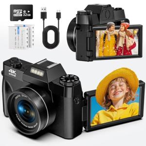 Linseway Digital Camera 4K 56MP UHD Vlogging Camera with 3'' 180° Flip Screen, 16X Digital Zoom Compact Camera for Photography with Auto Focus & 32GB Card & 2 Batteries for Teens Students Kids Boys Girls