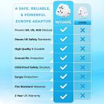 Mytravelpal World To EU Travel Adapter | UK, US, Australia To Europe Plug Adapter | MyTravelPal® Universal Plug Adapter For Use France, Germany, Spain & Most of Europe
