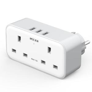 Mscien UK to European Plug Adapter with 3 USB, 2 Way Plug Extension with Dual 2 Pin Socket at The Bottom, Travel Adapter Plugs UK to Europe EU, Type E/F Plug Adaptor for Germany France Spain Turkey Greece