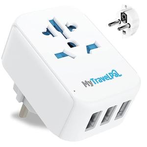 Mytravelpal UK to Europe Travel Adapter With 3 USB Ports | UK Safety Standards | UK to European Plug Adapter with USB | World to Euro EU Adapter Plug | Germany France Spain Portugal Turkey etc