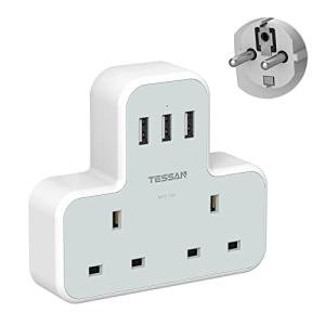 TESSAN UK to European Plug Adapter,  Grounded Schuko European Plug Travel Adapter with 3 USB, Travel Adapter UK to EU Euro Europe for Spain France Iceland Germany Greece Poland Plugs Type E F Adaptor