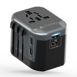 AUNNO Universal Travel Adapter, International Travel Plug Adapter with 2 USB-C and 2 USB Ports, All in One Plug Adaptor with Dual Safety Fuses, UK to European Plug Adaptor for EU USA Australia etc