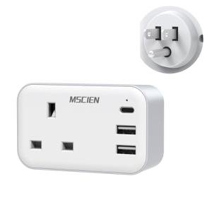 Mscien UK to US Plug Adaptor, USA Travel Adapter With 3 USB Ports (1 USB C), American Plug Adapter UK to US Thailand Mexico Canada And More, UK to USA Travel Plug Adapter Grounded Charger (Type B)