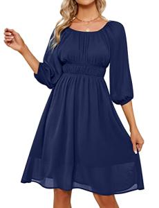 Women's Ruffle Dress Chiffon 3/4 Sleeve Square Neck Elastic Waist Aline Casual Dress