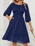 Women's Ruffle Dress Chiffon 3/4 Sleeve Square Neck Elastic Waist Aline Casual Dress