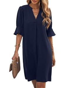 Famulily Women Fashion V-Neck Loose Fit Comfy Dress Short Bell Sleeve Work Dresses Navy Blue M